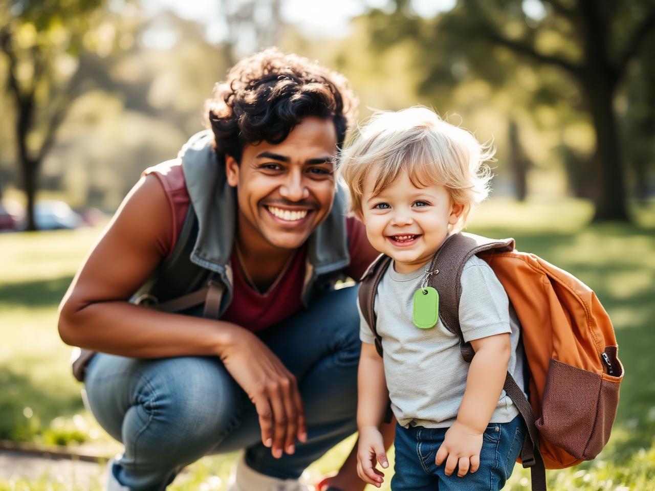 A parent and their child in a park, with a green LostMySon tag clipped to the child's backpack